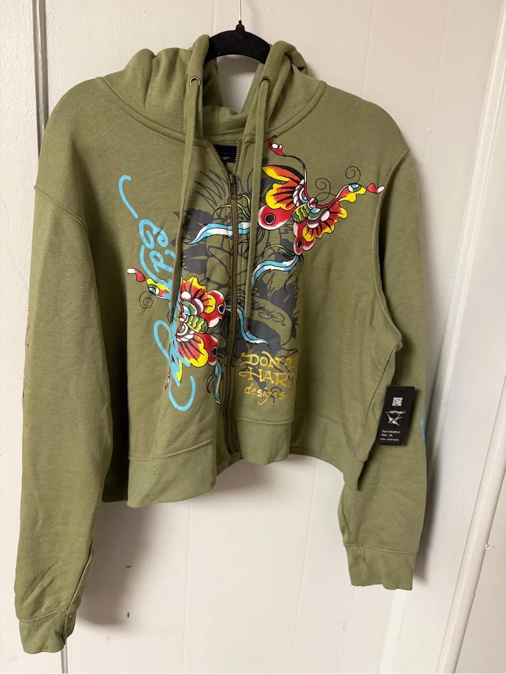 Ed Hardy Women’s Olive Green Graphic Zip Hoodie Sweater